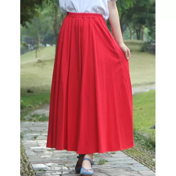 IDEALSANXUN Womens Cotton Linen Skirt High Waisted A Line Long Skirt with PocketsRed