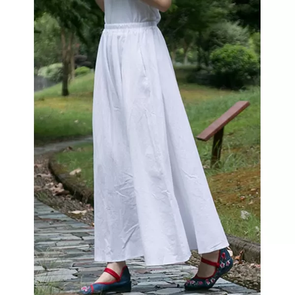 IDEALSANXUN Womens Cotton Linen Skirt High Waisted A Line Long Skirt with PocketsWhite
