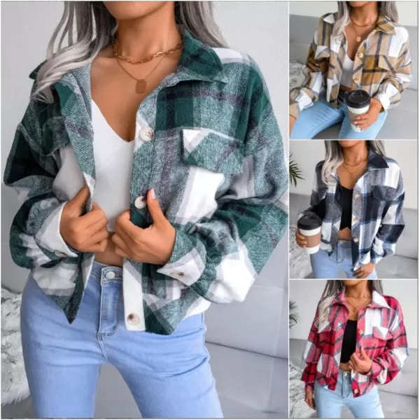 IDEALSANXUN Womens Cropped Plaid Shackets Casual Loose Flannel Button Down Shirt JacketsGreen