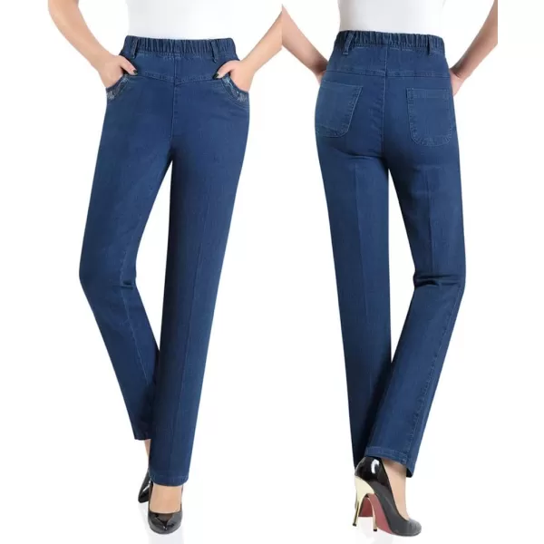 IDEALSANXUN Womens Elastic Waist Jeans Straight Leg Pull On JeansDark Blue