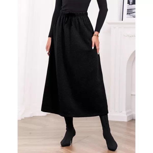 IDEALSANXUN Womens Fall Winter Fleece Lined Elastic Waist Long Skirts with DrawstringBlack