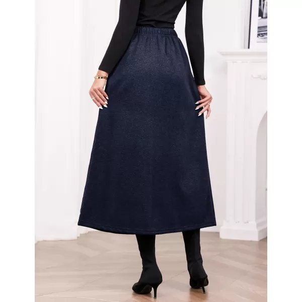 IDEALSANXUN Womens Fall Winter Fleece Lined Elastic Waist Long Skirts with DrawstringNavy