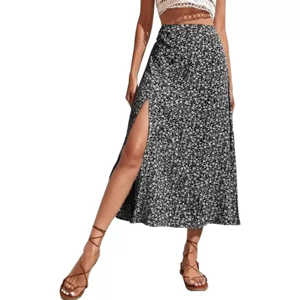 IDEALSANXUN Womens Floral Midi Skirt High Waisted A Line Bodycon Sexy Slit Pencil SkirtBlack