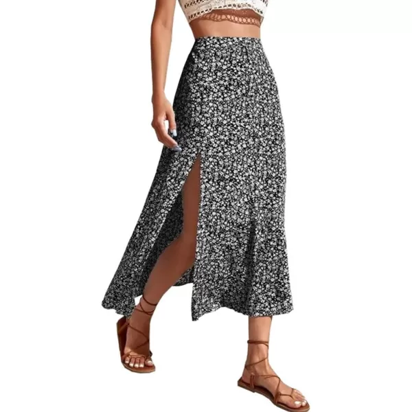 IDEALSANXUN Womens Floral Midi Skirt High Waisted A Line Bodycon Sexy Slit Pencil SkirtBlack