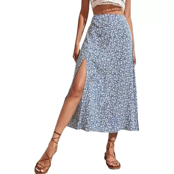 IDEALSANXUN Womens Floral Midi Skirt High Waisted A Line Bodycon Sexy Slit Pencil SkirtBlue