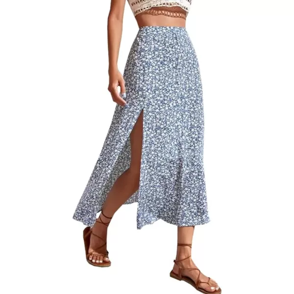 IDEALSANXUN Womens Floral Midi Skirt High Waisted A Line Bodycon Sexy Slit Pencil SkirtBlue