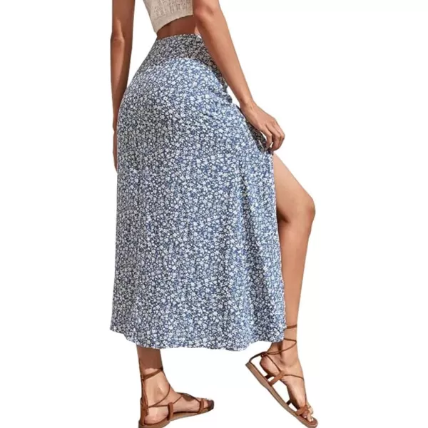 IDEALSANXUN Womens Floral Midi Skirt High Waisted A Line Bodycon Sexy Slit Pencil SkirtBlue