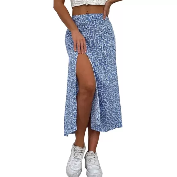 IDEALSANXUN Womens Floral Midi Skirt High Waisted A Line Bodycon Sexy Slit Pencil SkirtDark Blue