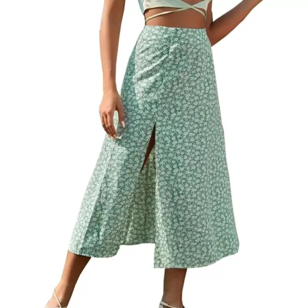 IDEALSANXUN Womens Floral Midi Skirt High Waisted A Line Bodycon Sexy Slit Pencil SkirtGreen