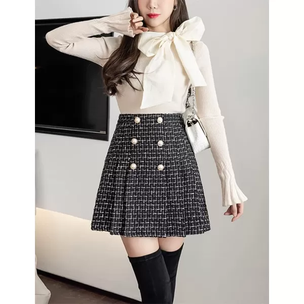 IDEALSANXUN Womens High Waisted Aline Pleated Tweed Mini Skirts 20231black