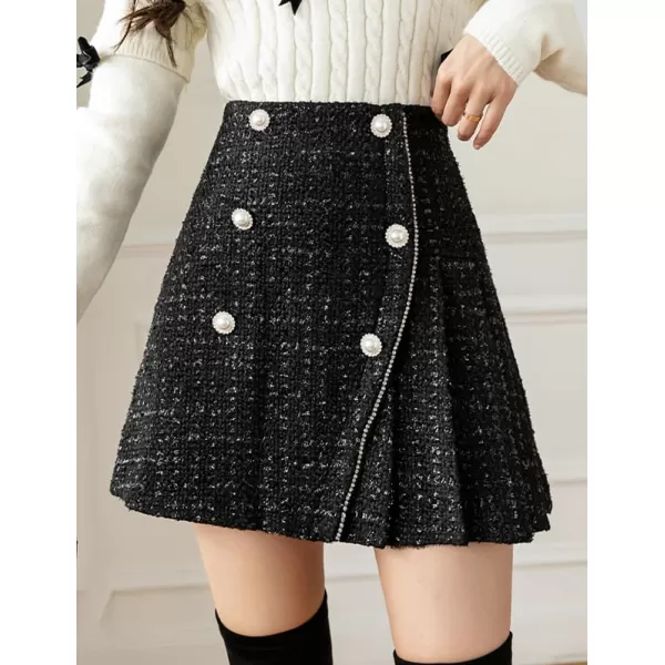 IDEALSANXUN Womens High Waisted Aline Pleated Tweed Mini Skirts 20232black