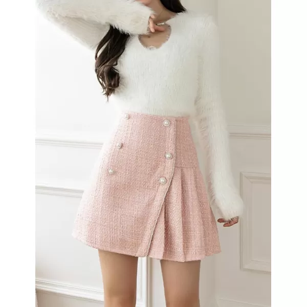 IDEALSANXUN Womens High Waisted Aline Pleated Tweed Mini Skirts 20232pink