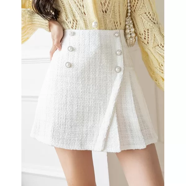IDEALSANXUN Womens High Waisted Aline Pleated Tweed Mini Skirts 20232white