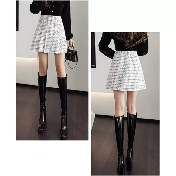 IDEALSANXUN Womens High Waisted Aline Pleated Tweed Mini Skirts 2023White