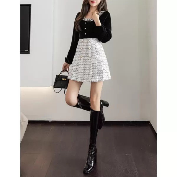IDEALSANXUN Womens High Waisted Aline Pleated Tweed Mini Skirts 2023White