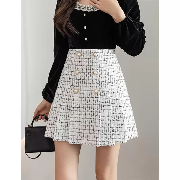 IDEALSANXUN Womens High Waisted Aline Pleated Tweed Mini Skirts 2023White