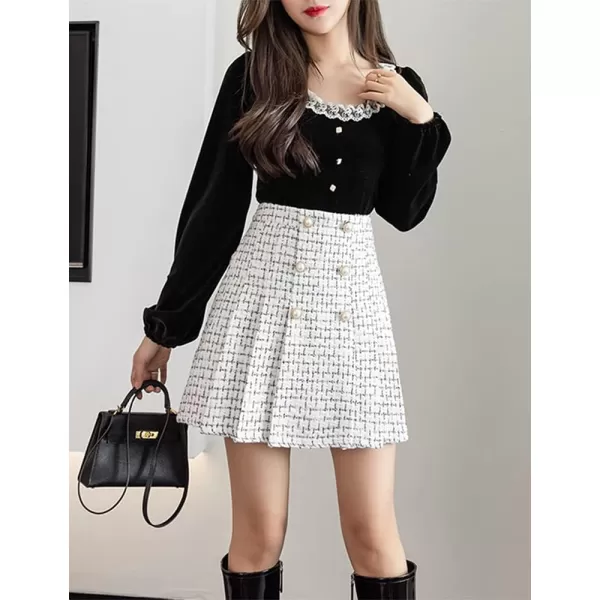 IDEALSANXUN Womens High Waisted Aline Pleated Tweed Mini Skirts 2023White