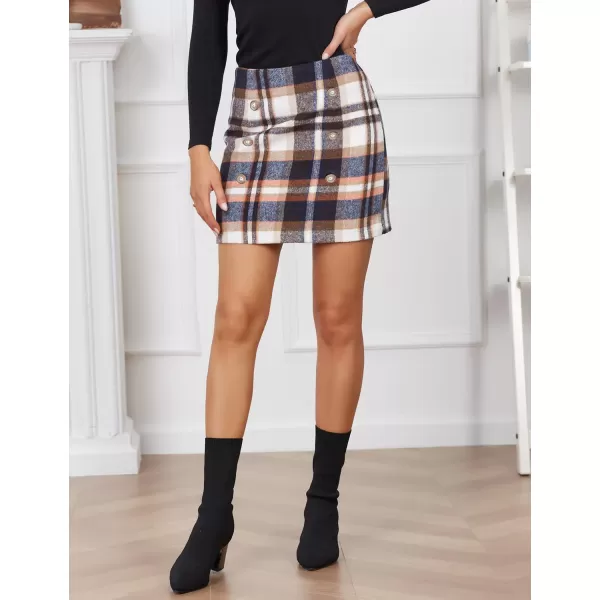 IDEALSANXUN Womens Plaid Mini Skirts Fall Winter Double Button Wool SkirtBrown