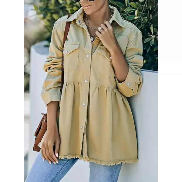 IDEALSANXUN Womens Ripped Denim Shirts Shacket Long Sleeve Oversized Raw Hem Jean JacketKhaki SIDEALSANXUN Womens Ripped Denim Shirts Shacket Long Sleeve Oversized Raw Hem Jean JacketKhaki S