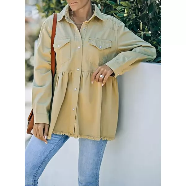 IDEALSANXUN Womens Ripped Denim Shirts Shacket Long Sleeve Oversized Raw Hem Jean JacketKhaki SIDEALSANXUN Womens Ripped Denim Shirts Shacket Long Sleeve Oversized Raw Hem Jean JacketKhaki S