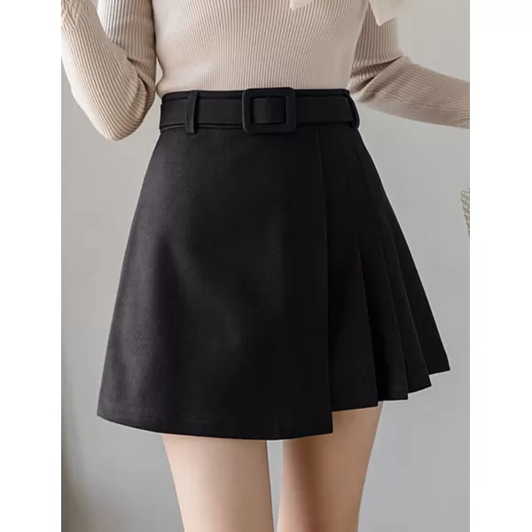 IDEALSANXUN Wool Mini Skirt for Women Fall Winter High Waisted A Line Pleated Short SkirtBlack