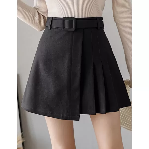 IDEALSANXUN Wool Mini Skirt for Women Fall Winter High Waisted A Line Pleated Short SkirtBlack