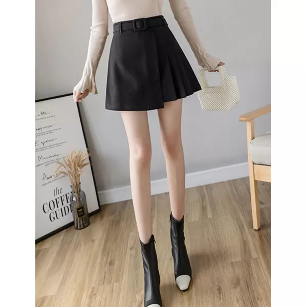 IDEALSANXUN Wool Mini Skirt for Women Fall Winter High Waisted A Line Pleated Short SkirtBlack