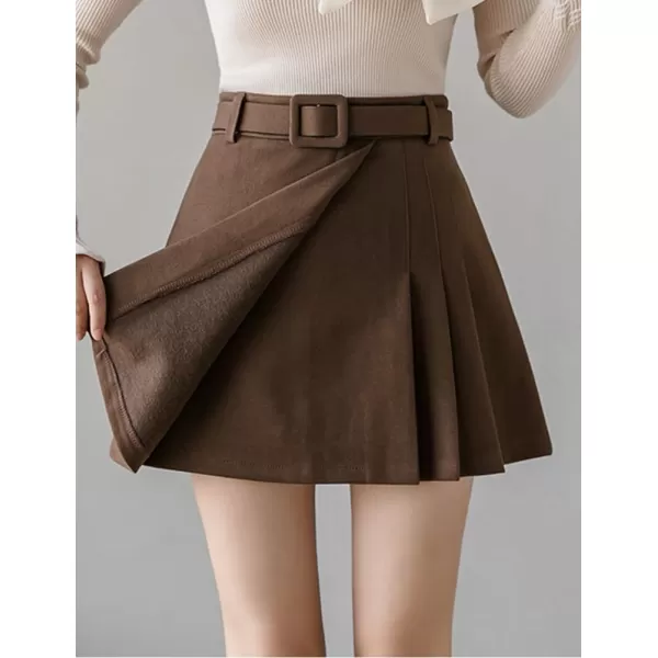IDEALSANXUN Wool Mini Skirt for Women Fall Winter High Waisted A Line Pleated Short SkirtCoffee