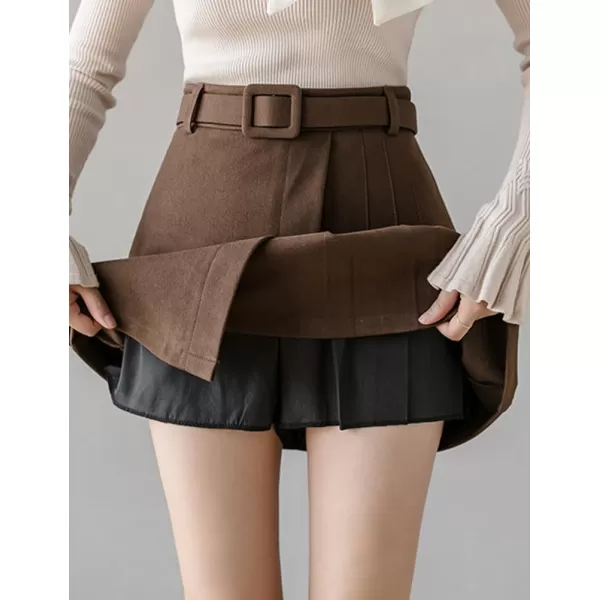 IDEALSANXUN Wool Mini Skirt for Women Fall Winter High Waisted A Line Pleated Short SkirtCoffee