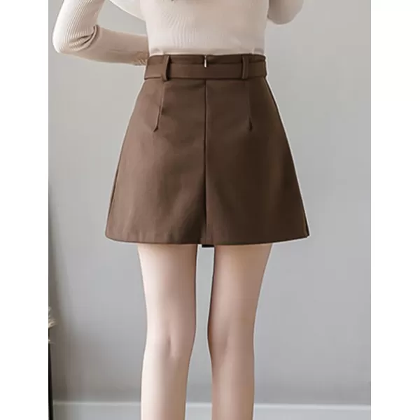 IDEALSANXUN Wool Mini Skirt for Women Fall Winter High Waisted A Line Pleated Short SkirtCoffee