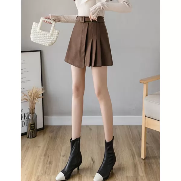 IDEALSANXUN Wool Mini Skirt for Women Fall Winter High Waisted A Line Pleated Short SkirtCoffee