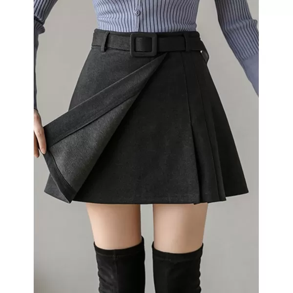 IDEALSANXUN Wool Mini Skirt for Women Fall Winter High Waisted A Line Pleated Short SkirtDarkgrey