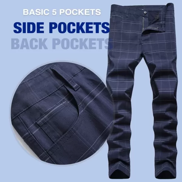 Mens Plaid Pants Casual Stretch Slim Fit Dress Chino Pants2 Blue