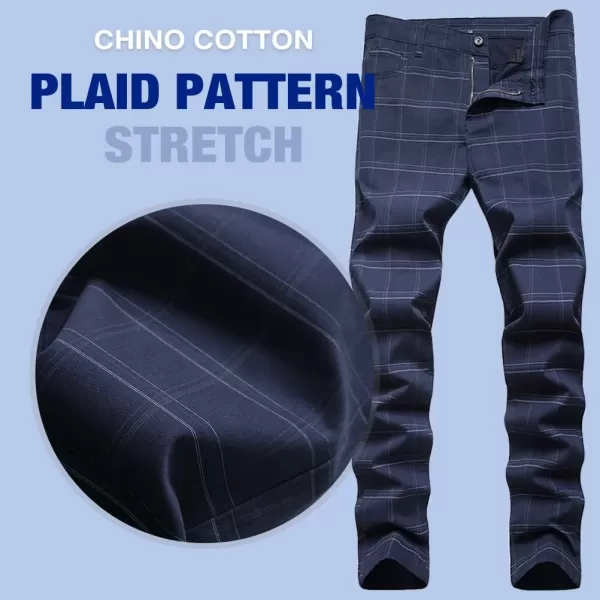 Mens Plaid Pants Casual Stretch Slim Fit Dress Chino Pants2 Blue