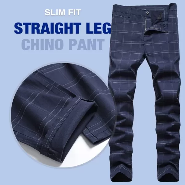 Mens Plaid Pants Casual Stretch Slim Fit Dress Chino Pants2 Blue