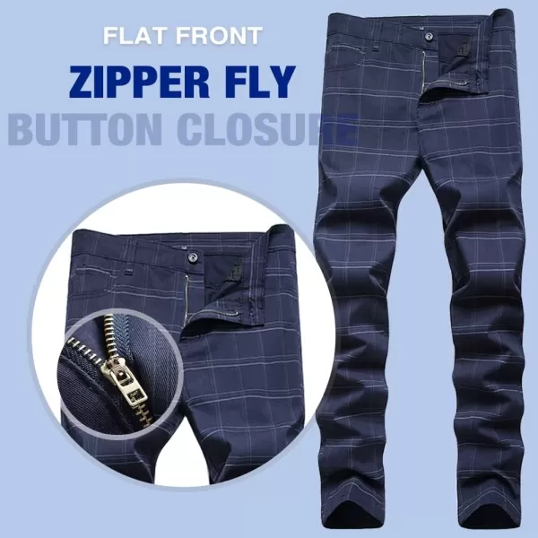 Mens Plaid Pants Casual Stretch Slim Fit Dress Chino Pants2 Blue