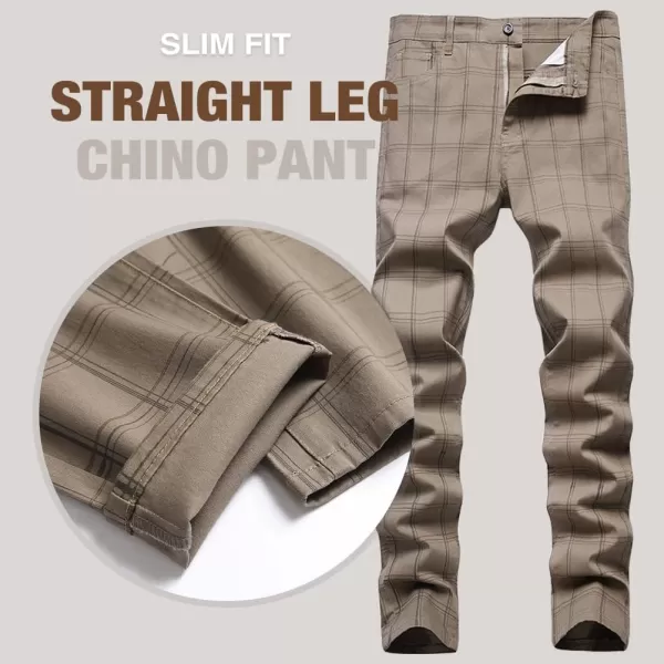 Mens Plaid Pants Casual Stretch Slim Fit Dress Chino Pants2 Khaki