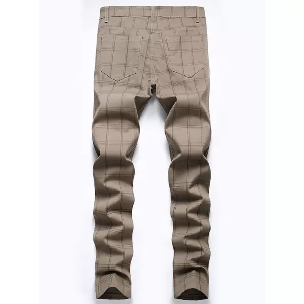 Mens Plaid Pants Casual Stretch Slim Fit Dress Chino Pants2 Khaki