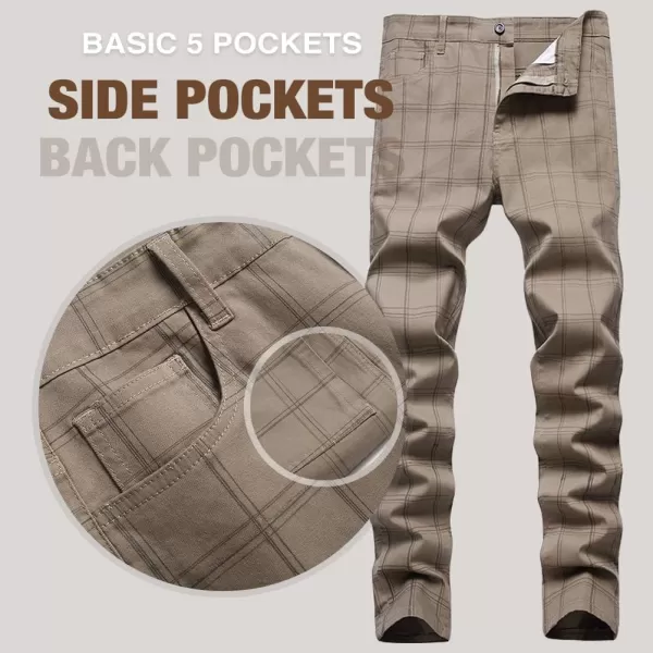 Mens Plaid Pants Casual Stretch Slim Fit Dress Chino Pants2 Khaki