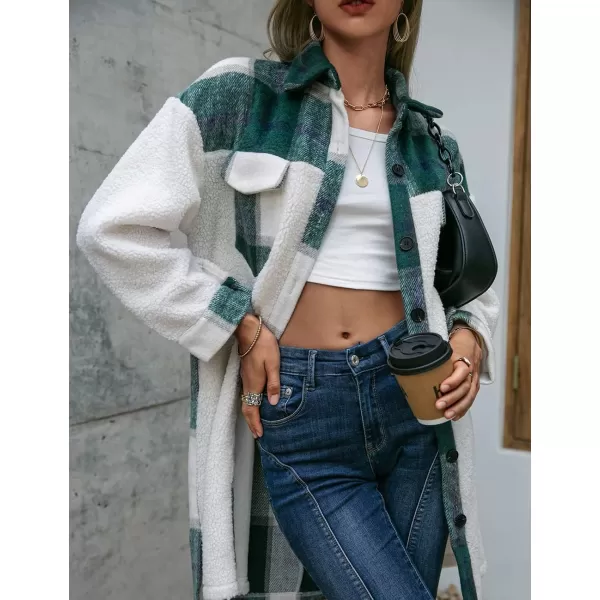 Womens Long Flannel Jacket Casual Fall Winter Patchwork Plaid Shacket Button Down Shirt Jackets CoatGreen