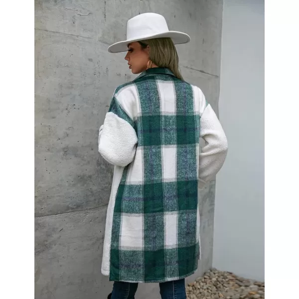 Womens Long Flannel Jacket Casual Fall Winter Patchwork Plaid Shacket Button Down Shirt Jackets CoatGreen