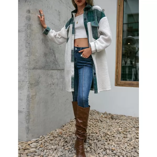 Womens Long Flannel Jacket Casual Fall Winter Patchwork Plaid Shacket Button Down Shirt Jackets CoatGreen