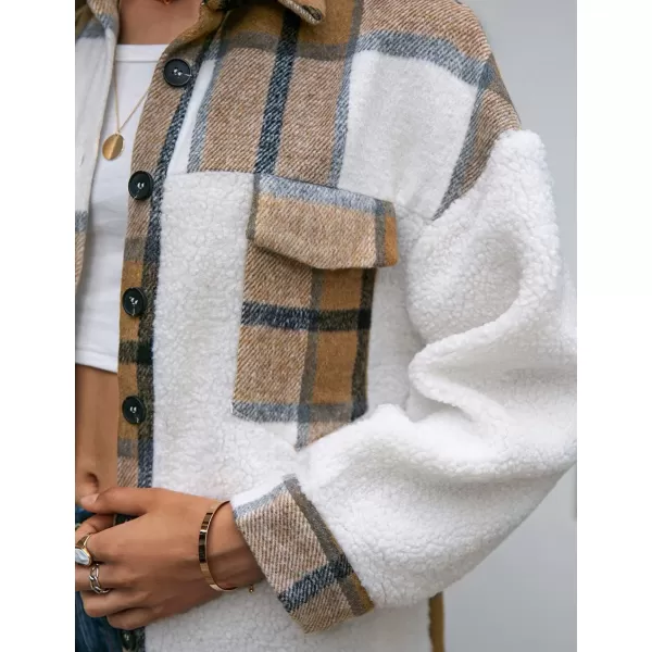 Womens Long Flannel Jacket Casual Fall Winter Patchwork Plaid Shacket Button Down Shirt Jackets CoatKhaki