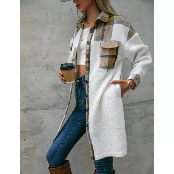 Womens Long Flannel Jacket Casual Fall Winter Patchwork Plaid Shacket Button Down Shirt Jackets CoatKhaki