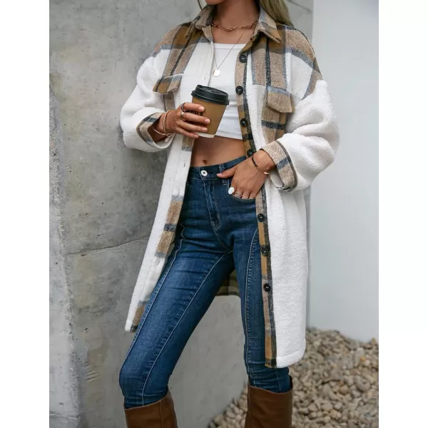 Womens Long Flannel Jacket Casual Fall Winter Patchwork Plaid Shacket Button Down Shirt Jackets CoatKhaki