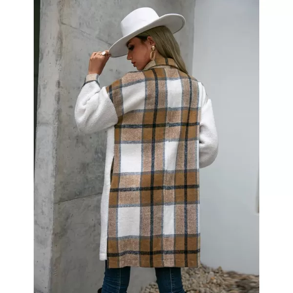 Womens Long Flannel Jacket Casual Fall Winter Patchwork Plaid Shacket Button Down Shirt Jackets CoatKhaki