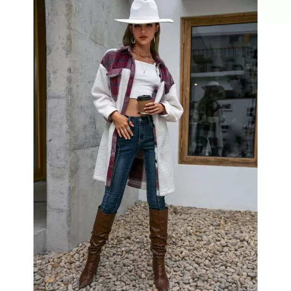 Womens Long Flannel Jacket Casual Fall Winter Patchwork Plaid Shacket Button Down Shirt Jackets CoatWine