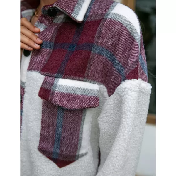 Womens Long Flannel Jacket Casual Fall Winter Patchwork Plaid Shacket Button Down Shirt Jackets CoatWine