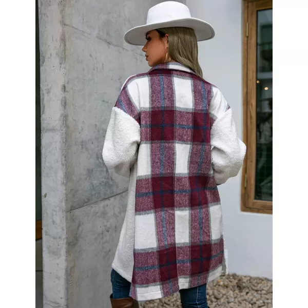 Womens Long Flannel Jacket Casual Fall Winter Patchwork Plaid Shacket Button Down Shirt Jackets CoatWine
