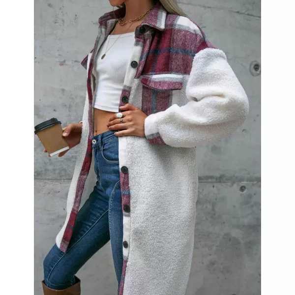 Womens Long Flannel Jacket Casual Fall Winter Patchwork Plaid Shacket Button Down Shirt Jackets CoatWine